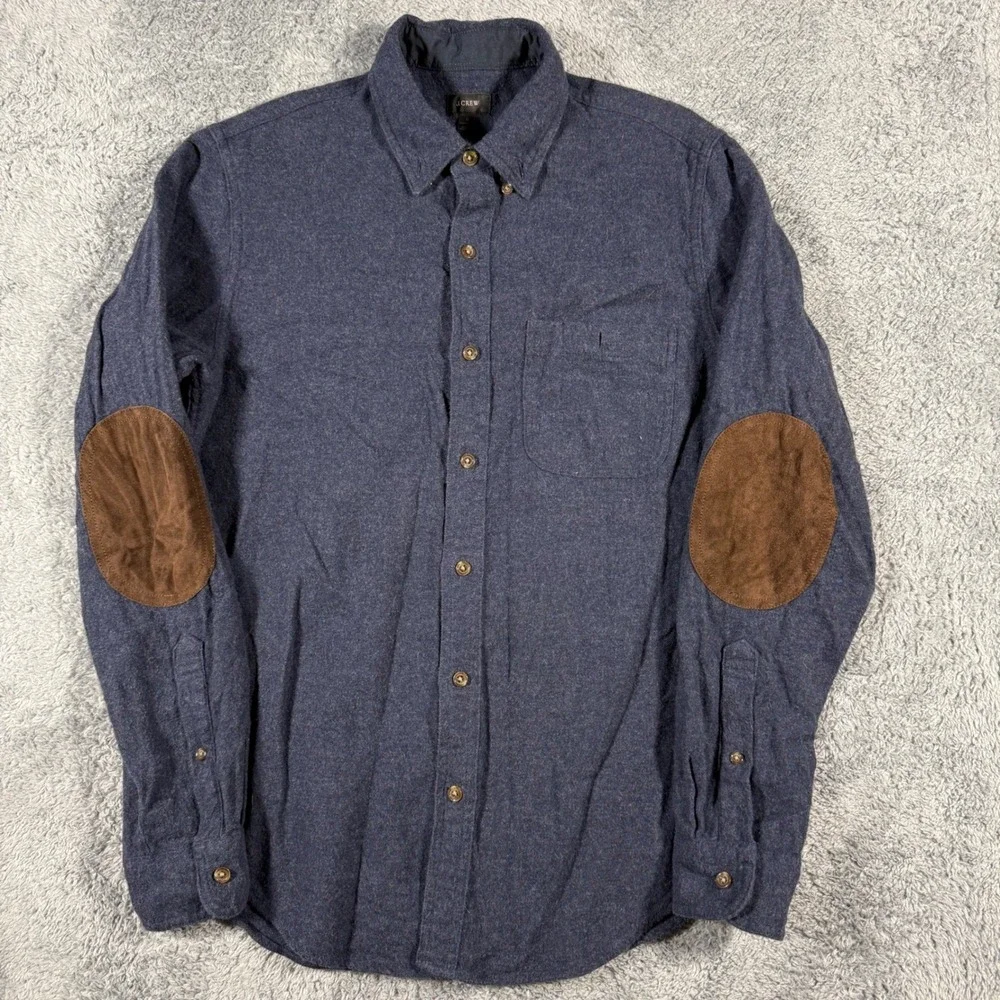 J Crew Blue Wool Elbow Patch Button Shirt Suede Mens Size Small